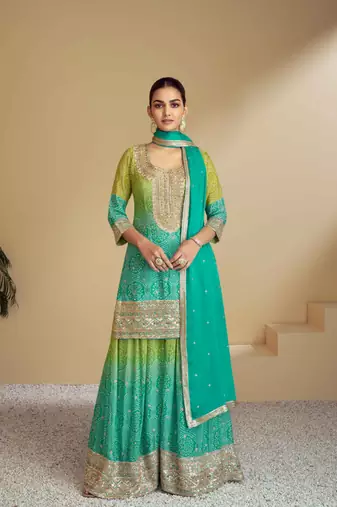 Tourquoise  embroidered chiffon free size stitched palazzo straight.(size Free size full stitched Up To 42")