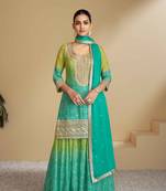 Tourquoise embroidered chiffon free size stitched palazzo straight.(size Free size full stitched Up To 42")