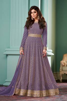 Purple  embroidered georgette free size stitched gown.(size Free size full stitched Up To 42") 1