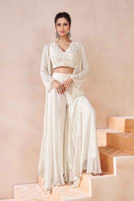 White  embroidered georgette free size stitched palazzo blouse.(size Free size full stitched Up To 42") 1