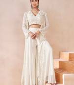 White  embroidered georgette free size stitched palazzo blouse.(size Free size full stitched Up To 42")