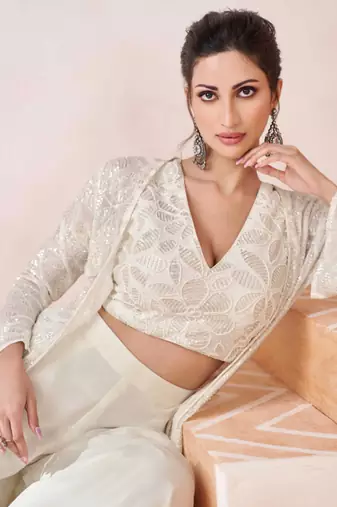 White  embroidered georgette free size stitched palazzo blouse.(size Free size full stitched Up To 42")
