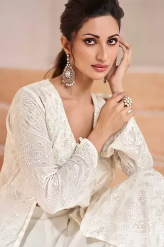 White  embroidered georgette free size stitched palazzo blouse.(size Free size full stitched Up To 42")