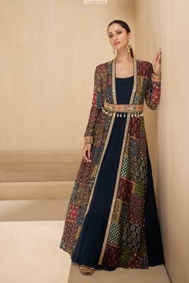 Blue embroidered georgette free size stitched gown.(full stitched free size - Up To 42) 1