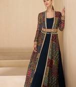 Blue embroidered georgette free size stitched gown.(full stitched free size - Up To 42)