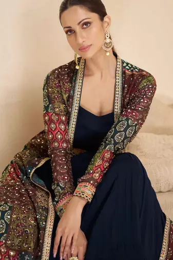Blue embroidered georgette free size stitched gown.(full stitched free size - Up To 42)