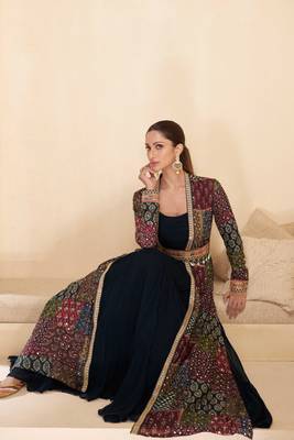 Blue embroidered georgette free size stitched gown.(full stitched free size - Up To 42) 3