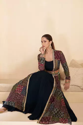Blue embroidered georgette free size stitched gown.(full stitched free size - Up To 42)