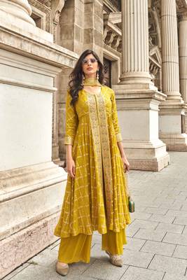 Mustard  embroidered silk free size stitched palazzo anarkali.(size Free size full stitched Up To 42") 1