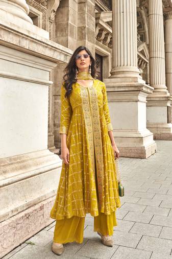 Mustard  embroidered silk free size stitched palazzo anarkali.(size Free size full stitched Up To 42")
