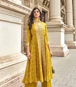Mustard  embroidered silk free size stitched palazzo anarkali.(size Free size full stitched Up To 42")