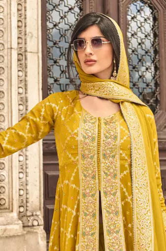 Mustard  embroidered silk free size stitched palazzo anarkali.(size Free size full stitched Up To 42")