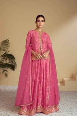 Pink embroidered chiffon free size stitched palazzo straight.(size Free size full stitched Up To 42") 1