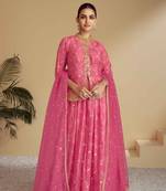 Pink embroidered chiffon free size stitched palazzo straight.(size Free size full stitched Up To 42")
