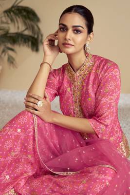 Pink embroidered chiffon free size stitched palazzo straight.(size Free size full stitched Up To 42") 2