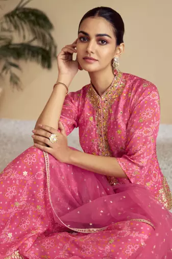 Pink embroidered chiffon free size stitched palazzo straight.(size Free size full stitched Up To 42")