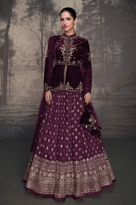 Purple Embroidered Velvet Free Size Stitched Circular Lehenga.(Size up to 42") 1