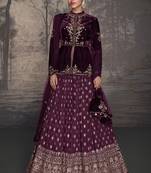 Purple Embroidered Velvet Free Size Stitched Circular Lehenga.(Size up to 42")
