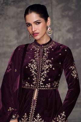 Purple Embroidered Velvet Free Size Stitched Circular Lehenga.(Size up to 42") 2
