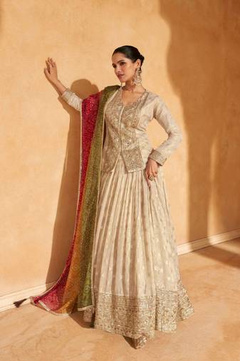 Beige Embroidered Silk Free Size Stitched Circular Lehenga.(Size up to 42")