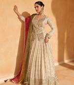 Beige Embroidered Silk Free Size Stitched Circular Lehenga.(Size up to 42")