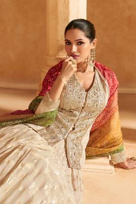 Beige Embroidered Silk Free Size Stitched Circular Lehenga.(Size up to 42") 2