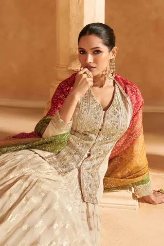 Beige Embroidered Silk Free Size Stitched Circular Lehenga.(Size up to 42")
