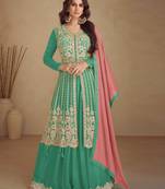 Teal green embroidered chiffon free size stitched palazzo anarkali.(size up to 42")