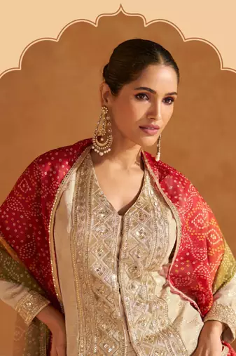 Beige Embroidered Silk Free Size Stitched Circular Lehenga.(Size up to 42")