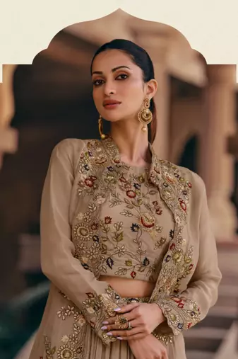 Fawn Embroidered Free Size Stitched Circular Lehenga