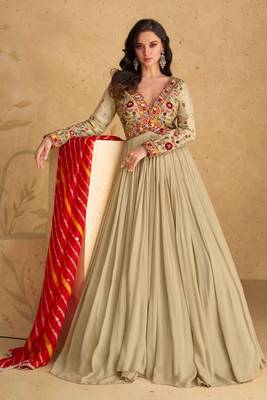 Fawn embroidered georgette free size stitched gown.(size Free size full stitched Up To 42") 1