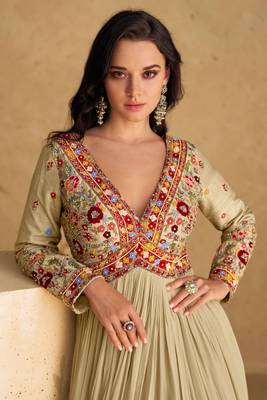 Fawn embroidered georgette free size stitched gown.(size Free size full stitched Up To 42") 2
