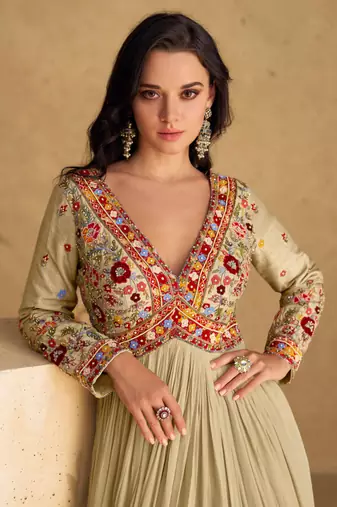 Fawn embroidered georgette free size stitched gown.(size Free size full stitched Up To 42")