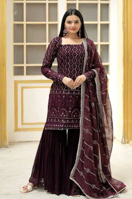 Wine embroidered georgette free size stitched sharara straight. (size Free size full stitched Up To 42") 1