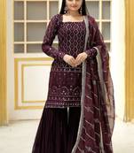 Wine embroidered georgette free size stitched sharara straight. (size Free size full stitched Up To 42")