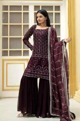 Wine embroidered georgette free size stitched sharara straight. (size Free size full stitched Up To 42")