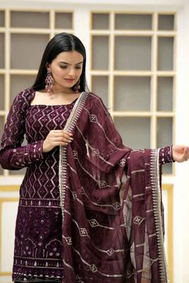 Wine embroidered georgette free size stitched sharara straight. (size Free size full stitched Up To 42") 3