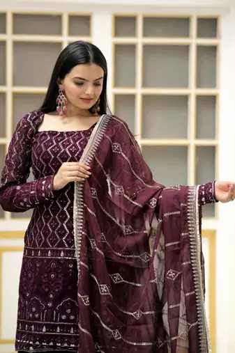 Wine embroidered georgette free size stitched sharara straight. (size Free size full stitched Up To 42")