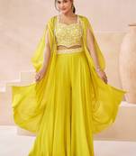 Yellow  embroidered georgette free size stitched palazzo  blouse. (size Free size full stitched Up To 42")