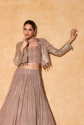 Brown Silk Sequins Work Lehenga Choli Set(Size Up to 42") 2