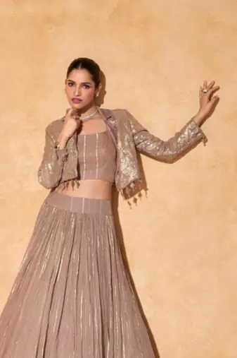 Brown Silk Sequins Work Lehenga Choli Set(Size Up to 42")