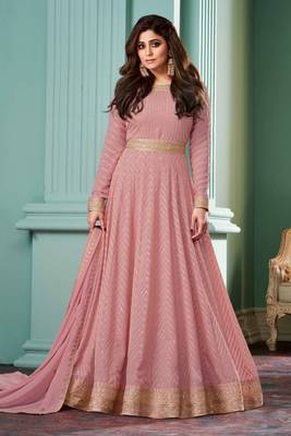 Rose embroidered georgette free size stitched gown. (size Free size full stitched Up To 42") 1