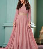 Rose embroidered georgette free size stitched gown. (size Free size full stitched Up To 42")