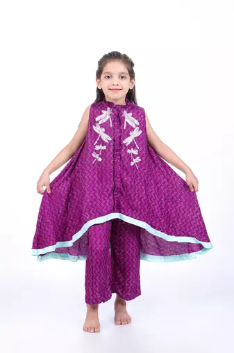 Purple and blue geometric print a-line kurta with pants