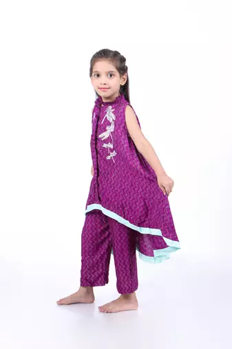 Purple and blue geometric print a-line kurta with pants