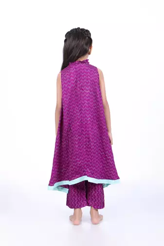 Purple and blue geometric print a-line kurta with pants