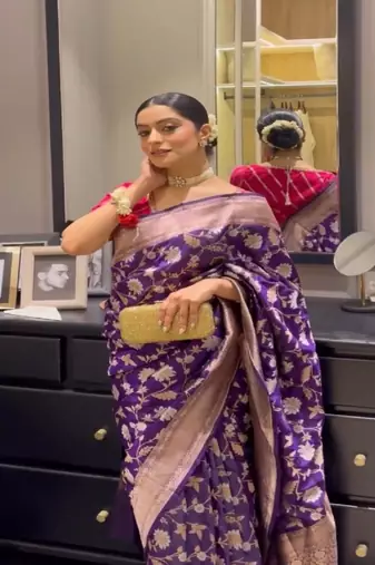 Violet zari woven saree with rani blouse