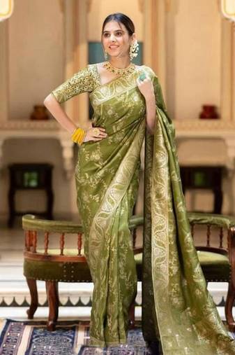 Mehendi green saree with gold zari motifs