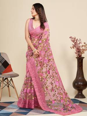Pink net saree for women 1