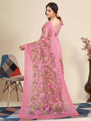 Pink net saree for women 2